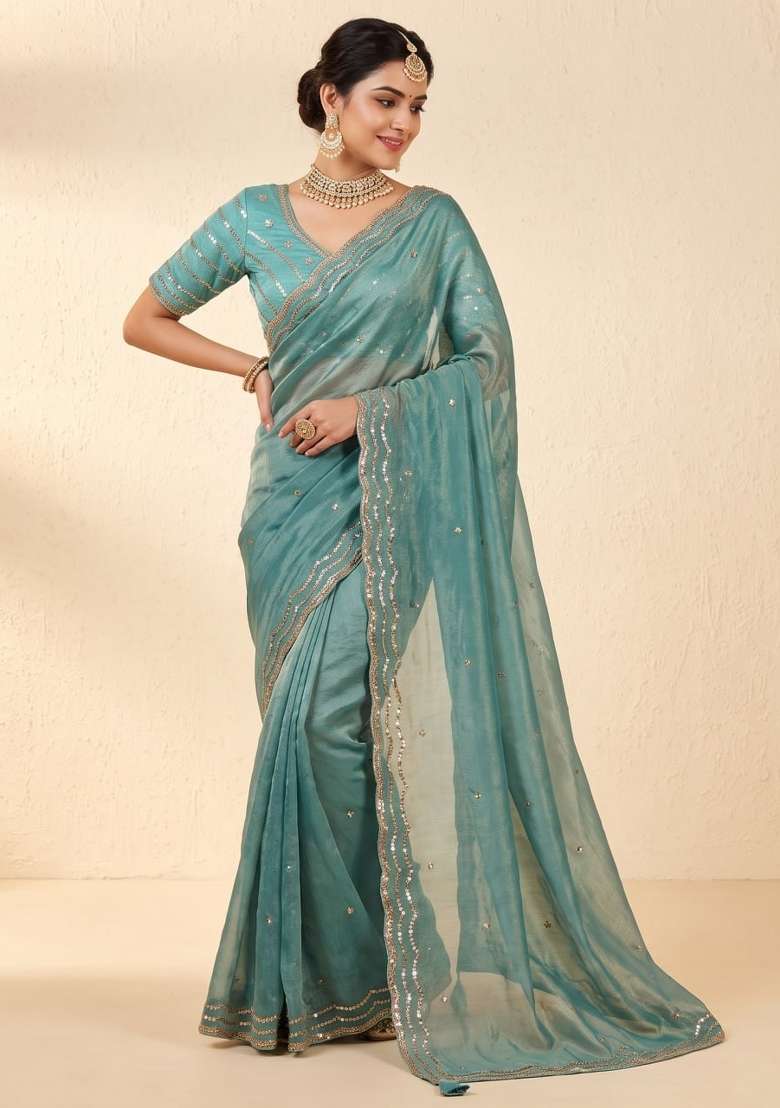 Sky Blue Embroidery Silk Saree Set - Indya
