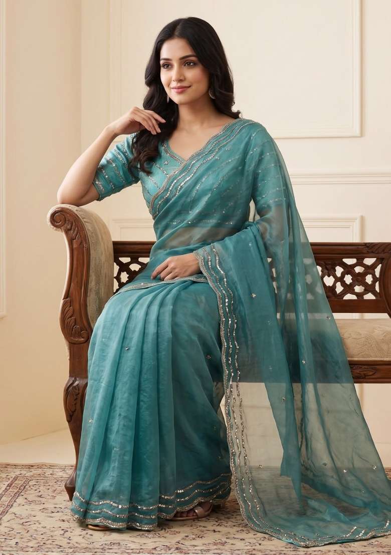 Sky Blue Embroidery Silk Saree Set - Indya
