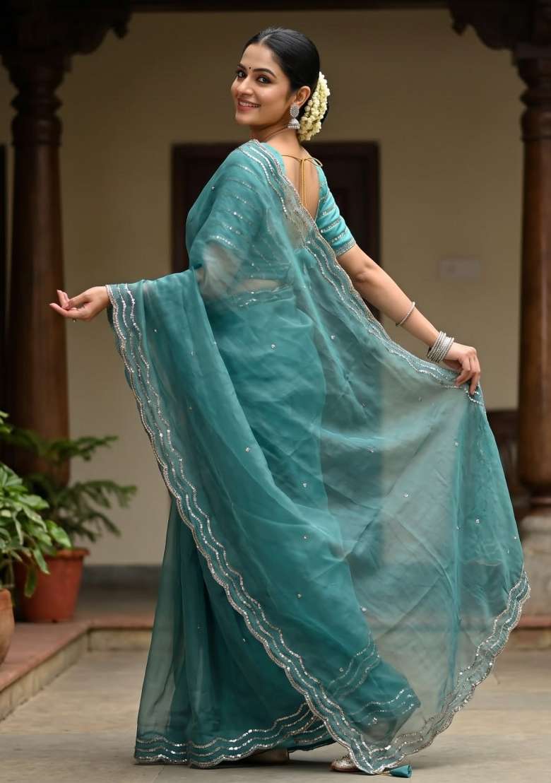 Sky Blue Embroidery Silk Saree Set - Indya