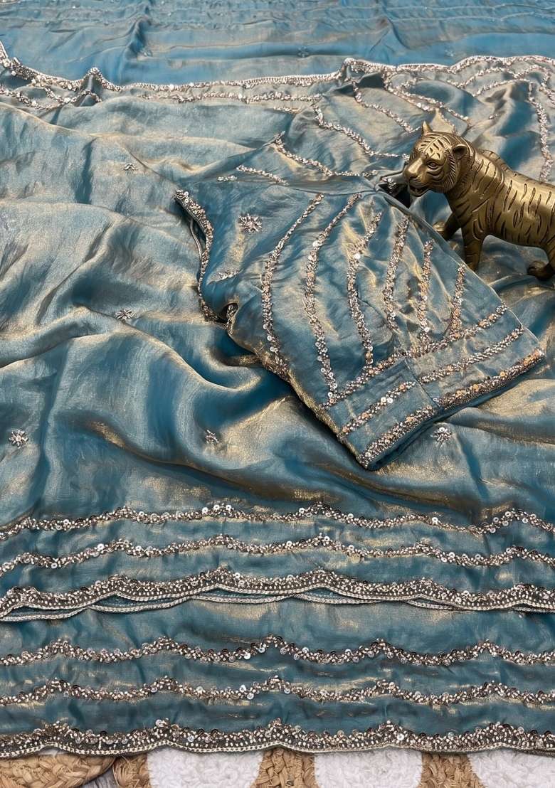 Sky Blue Embroidery Silk Saree Set - Indya