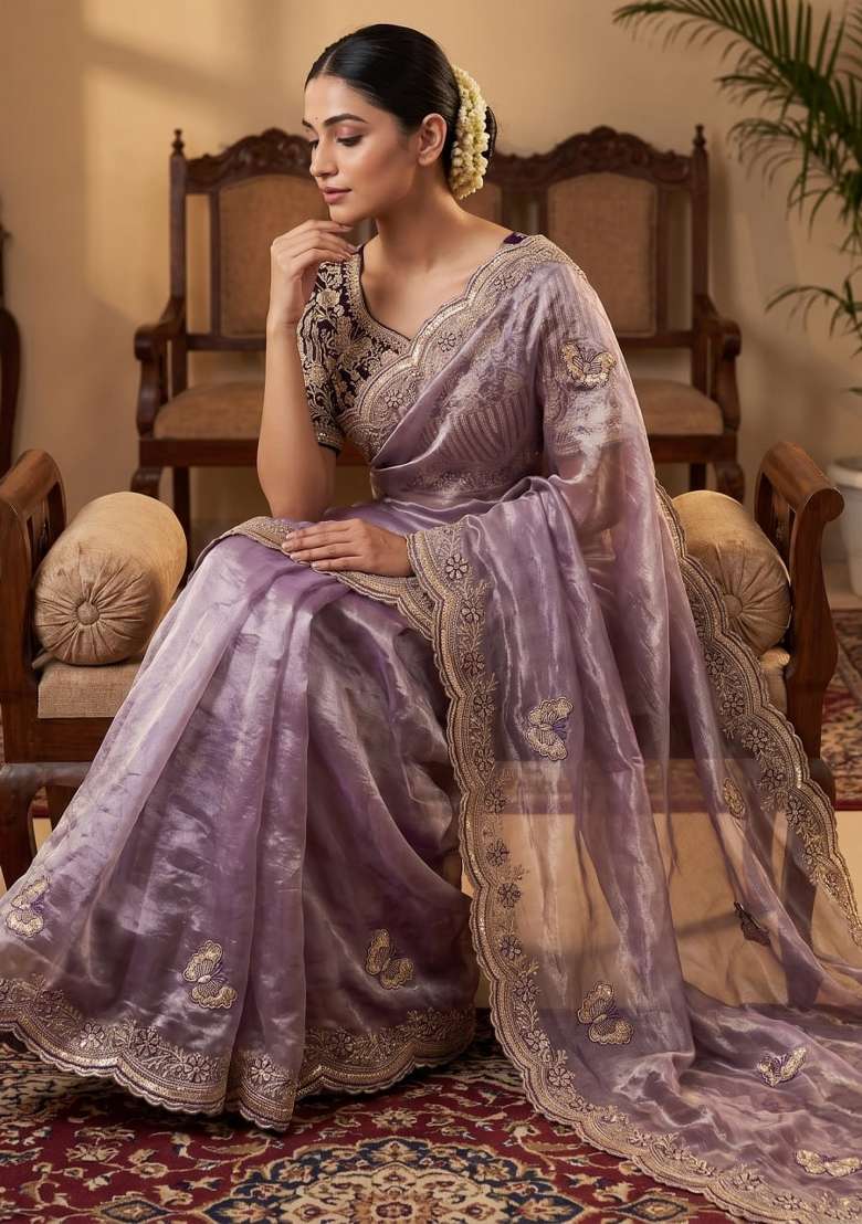 Purple Embroidery Fendi Saree Set - Indya