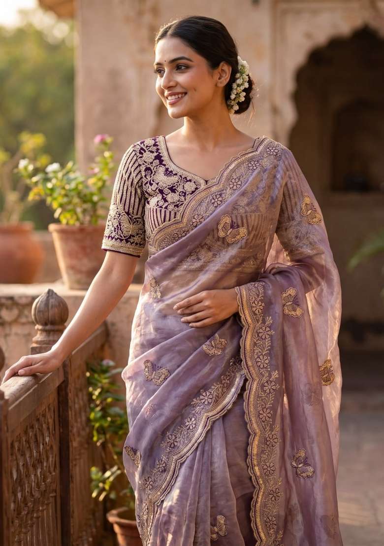 Purple Embroidery Fendi Saree Set - Indya