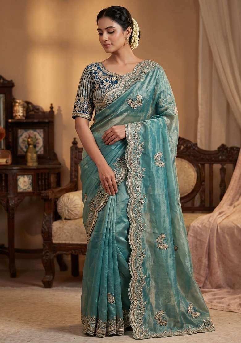 Sky Blue Embroidery Fendi Saree Set - Indya