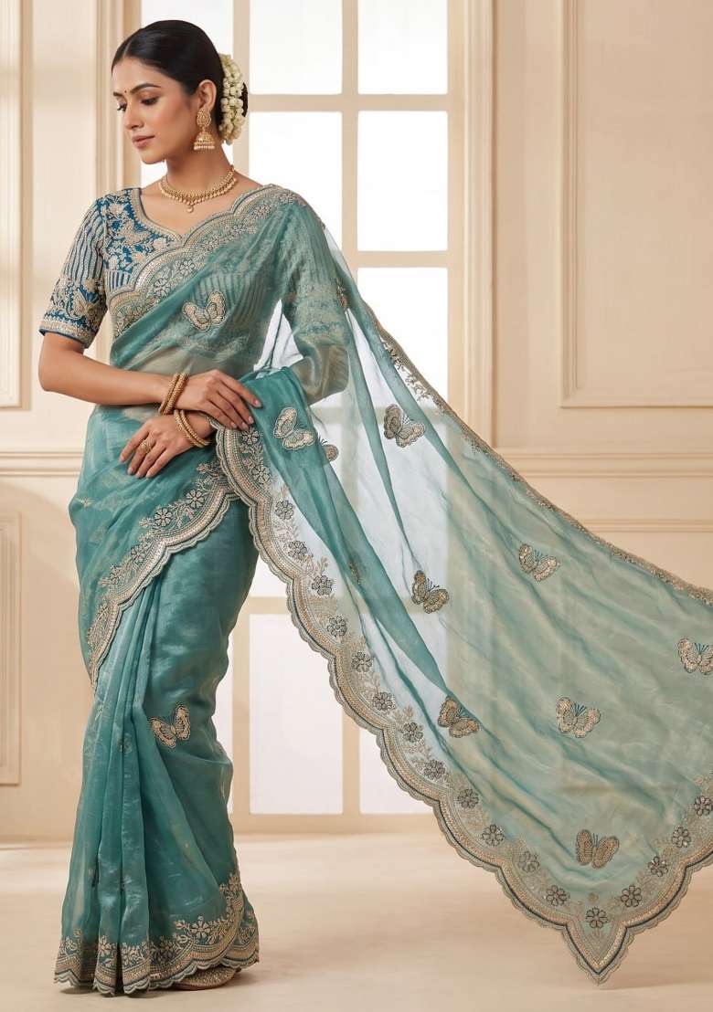 Sky Blue Embroidery Fendi Saree Set - Indya