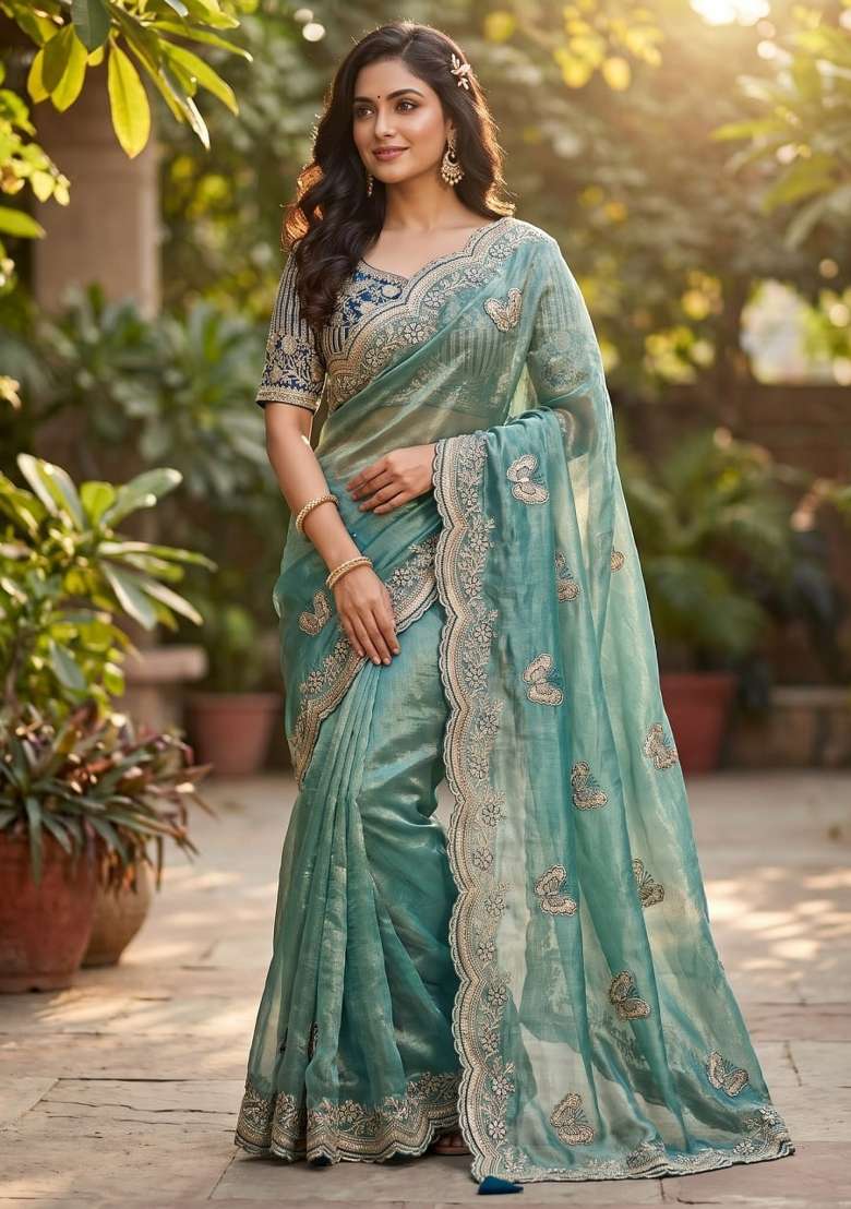 Sky Blue Embroidery Fendi Saree Set - Indya