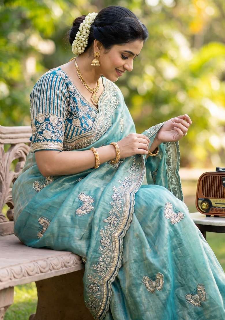 Sky Blue Embroidery Fendi Saree Set - Indya