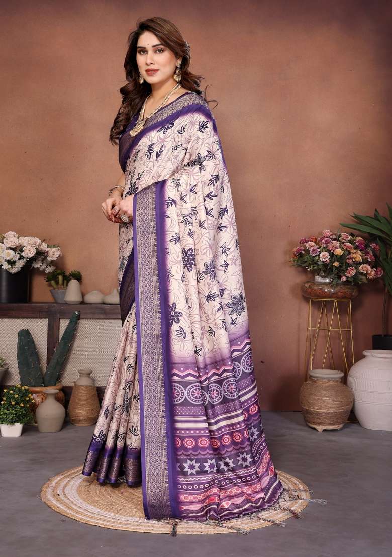 Purple Printed Silk Saree Set - Indya