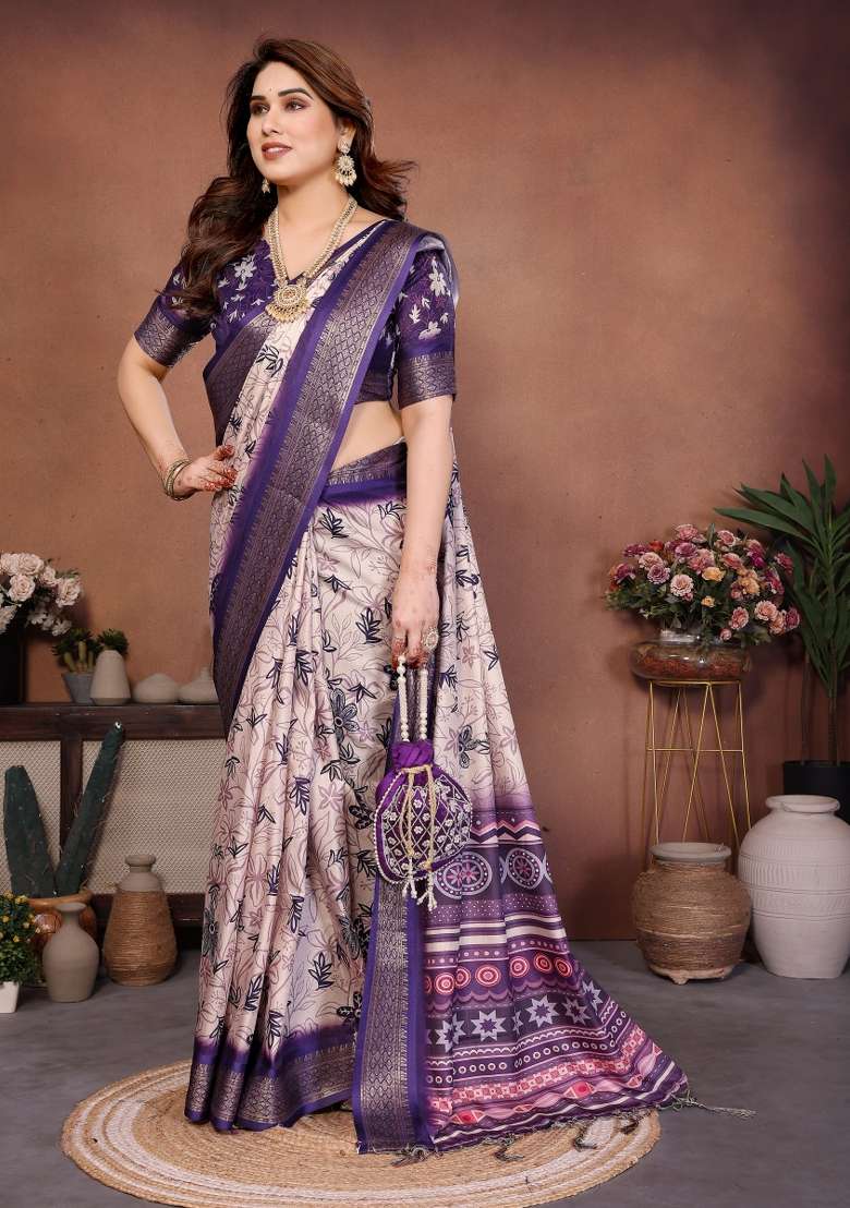 Purple Printed Silk Saree Set - Indya