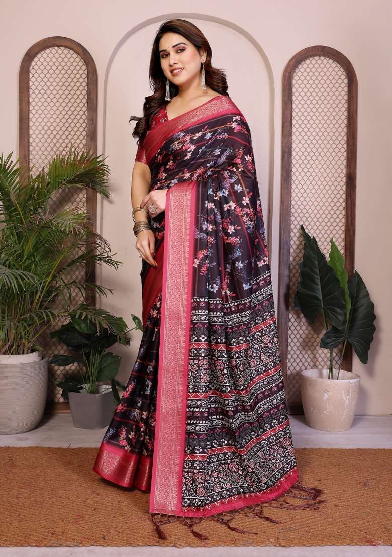 Black Printed Silk Saree Set - Indya