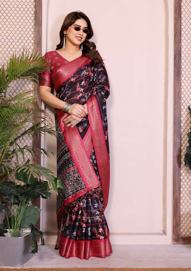 Black Printed Silk Saree Set - Indya
