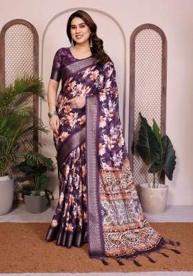 Purple Printed Silk Saree Set