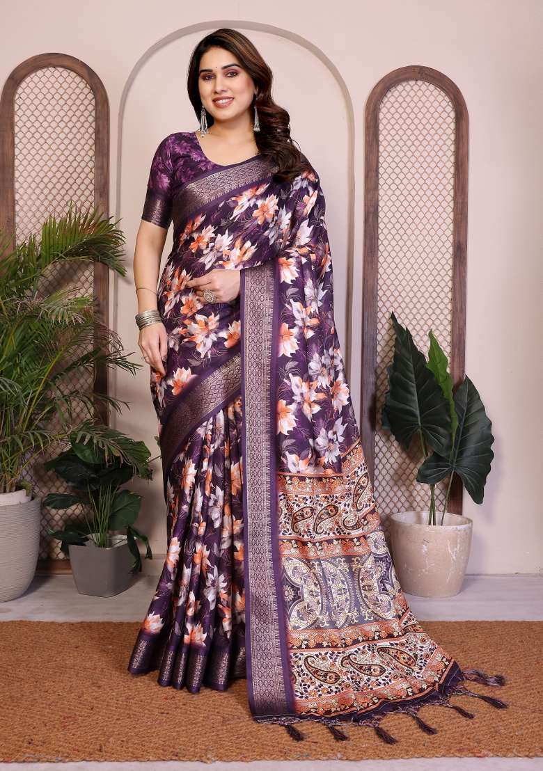 Purple Printed Silk Saree Set - Indya