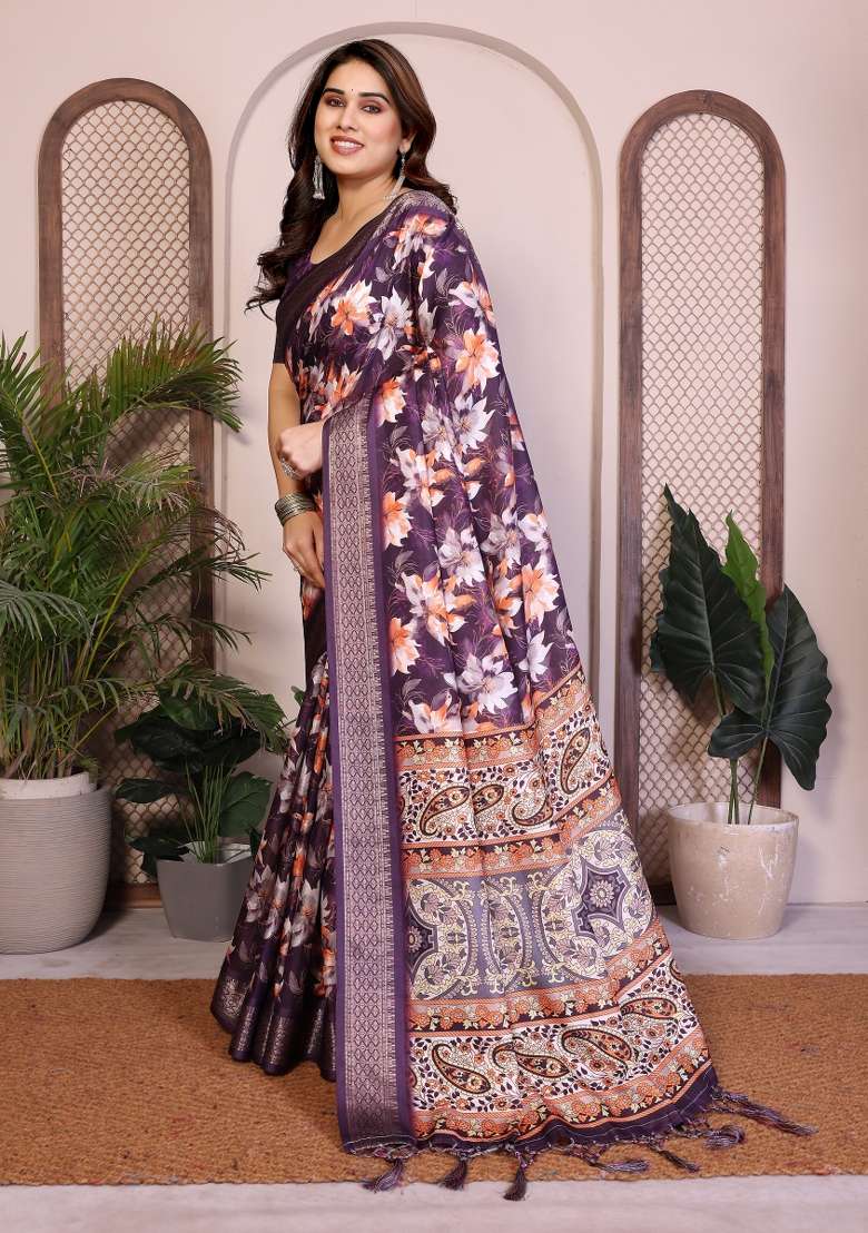 Purple Printed Silk Saree Set - Indya