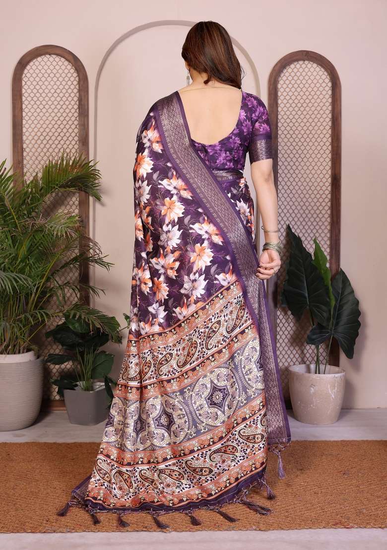 Purple Printed Silk Saree Set - Indya