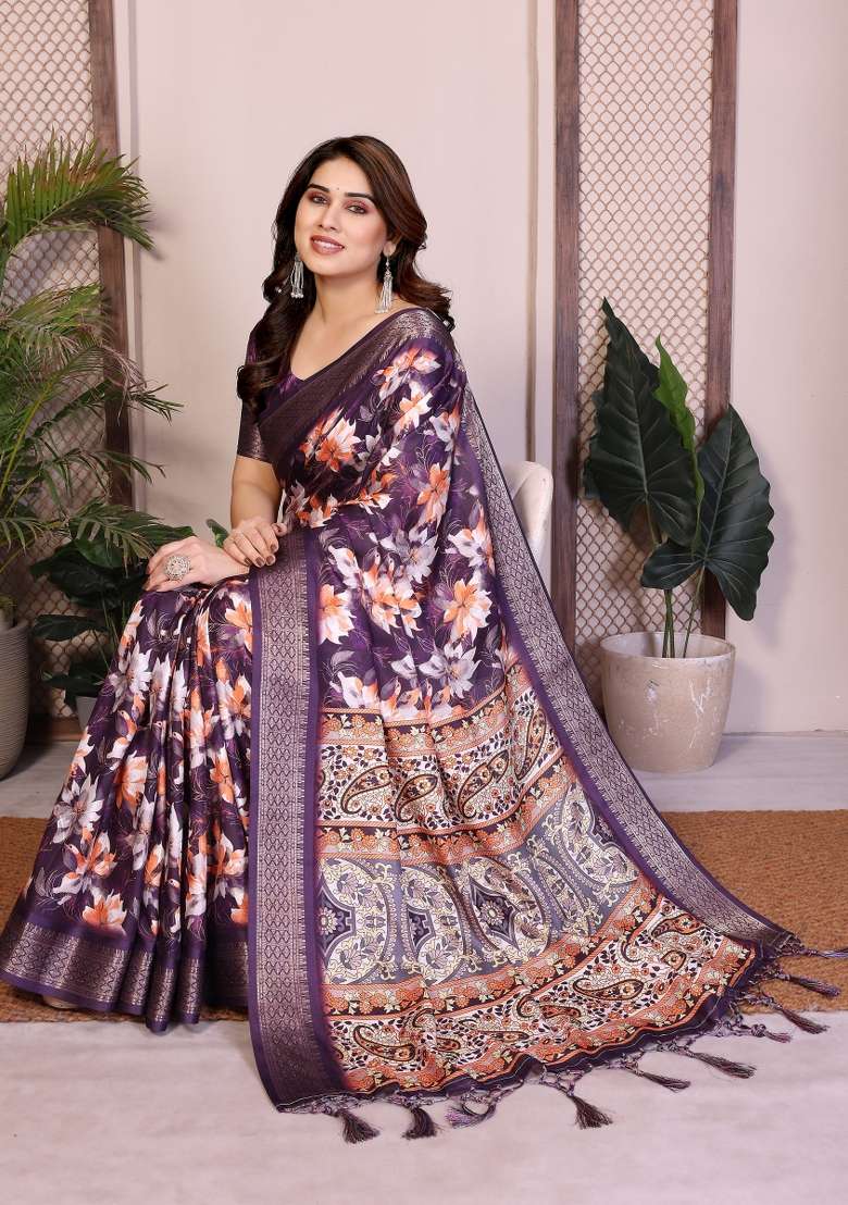 Purple Printed Silk Saree Set - Indya