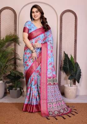 Sky Blue Printed Silk Saree Set