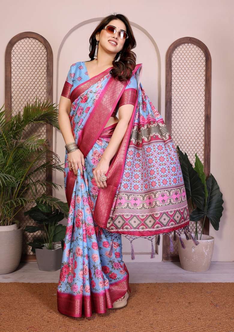 Sky Blue Printed Silk Saree Set - Indya