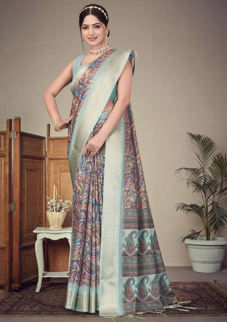 Olive Printed Silk Saree Set - Indya