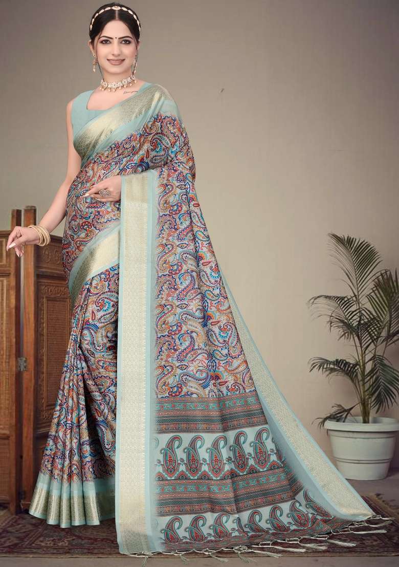 Olive Printed Silk Saree Set - Indya
