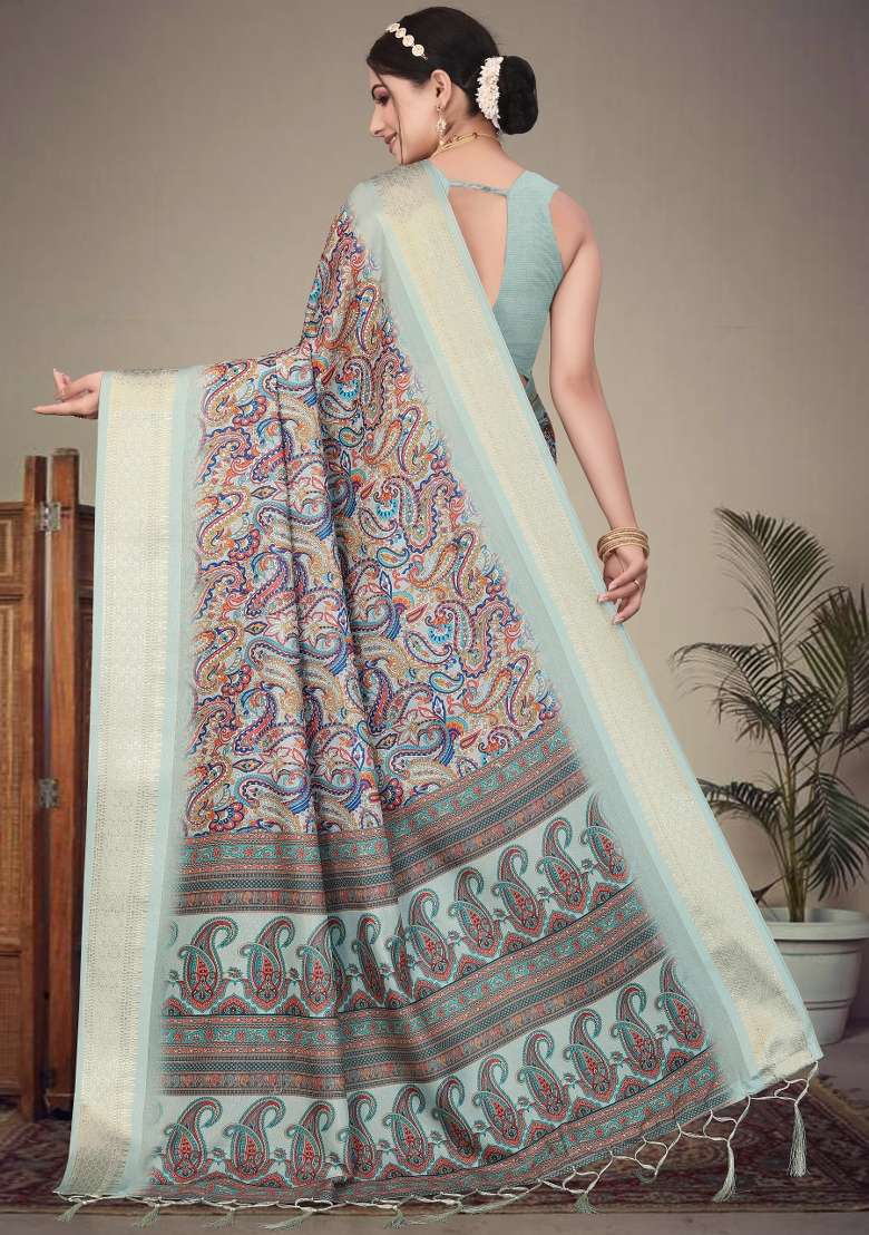 Olive Printed Silk Saree Set - Indya