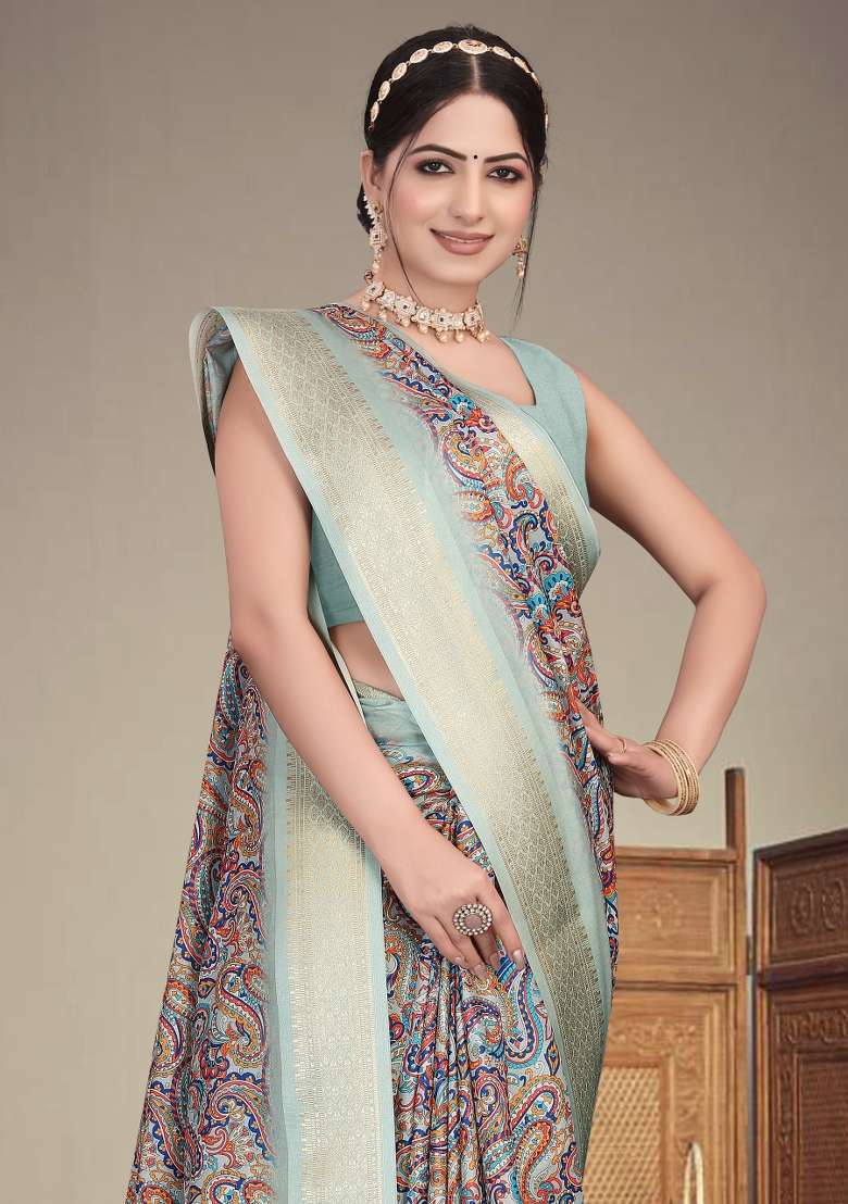 Olive Printed Silk Saree Set - Indya