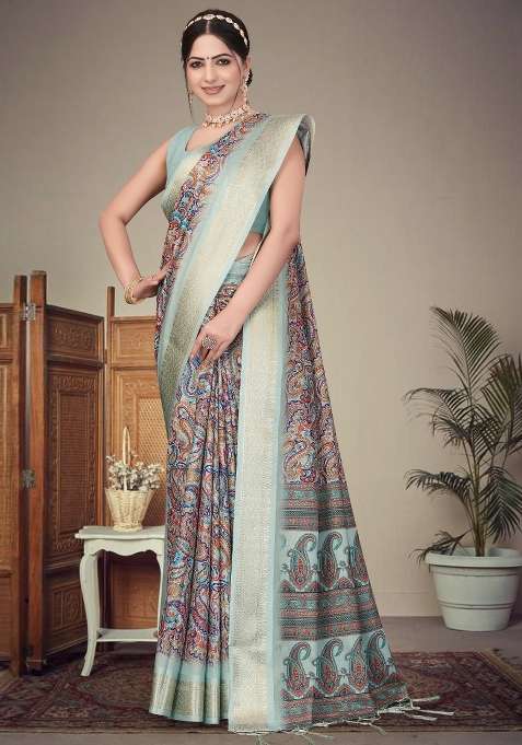Olive Printed Silk Saree Set
