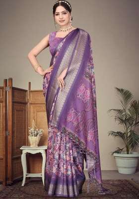 Purple Printed Silk Saree Set