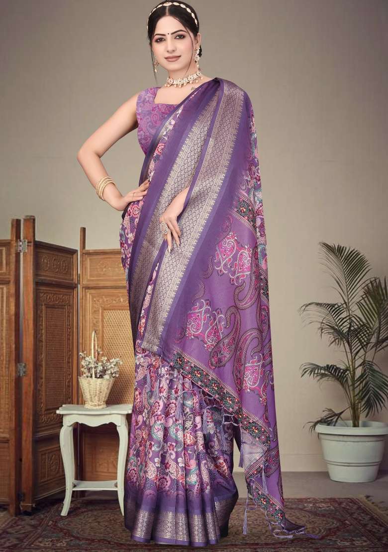 Purple Printed Silk Saree Set - Indya