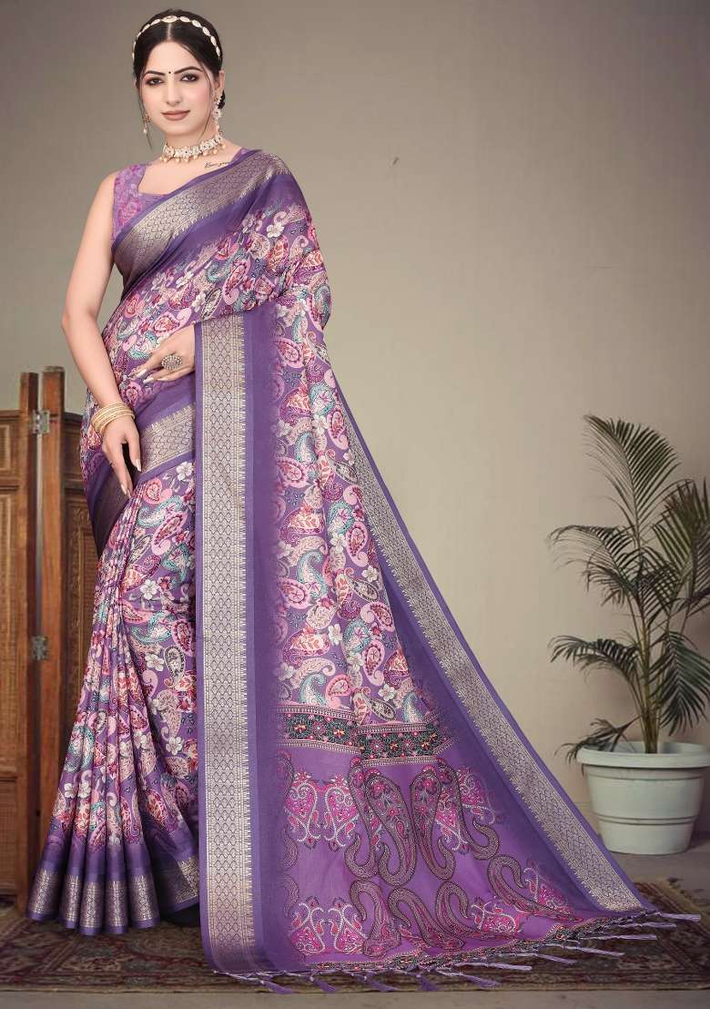 Purple Printed Silk Saree Set - Indya