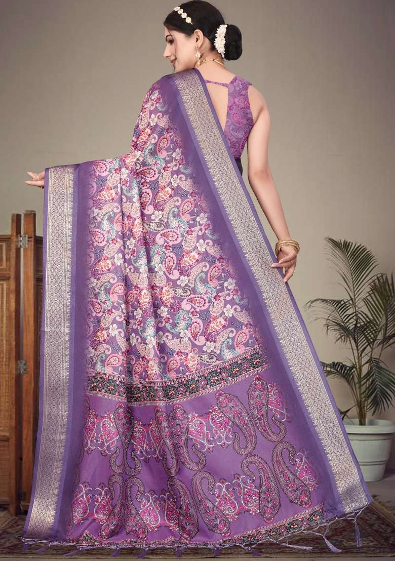 Purple Printed Silk Saree Set - Indya