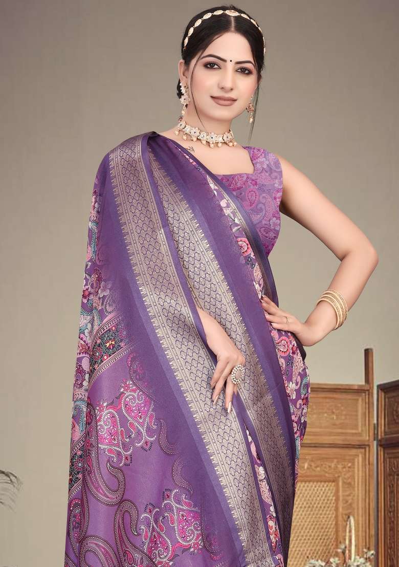 Purple Printed Silk Saree Set - Indya