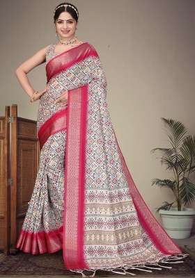 Rani Pink Printed Silk Saree Set