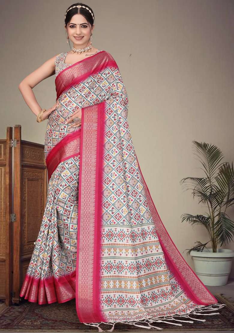 Rani Pink Printed Silk Saree Set - Indya