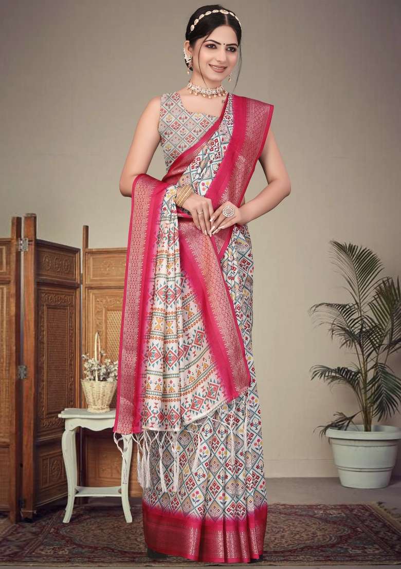 Rani Pink Printed Silk Saree Set - Indya