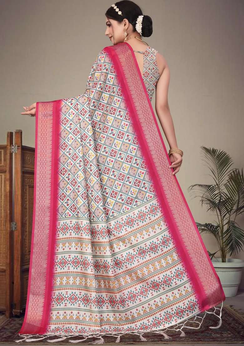 Rani Pink Printed Silk Saree Set - Indya