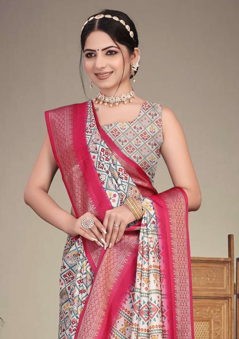 Rani Pink Printed Silk Saree Set - Indya