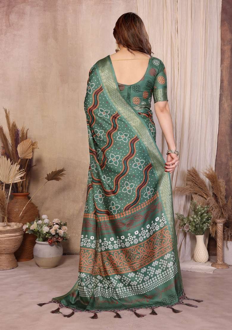 Bottle Green Bandhani Silk Saree Set - Indya