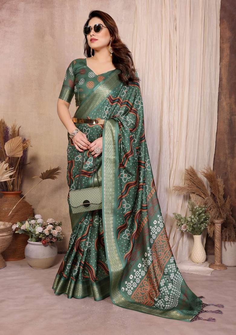 Bottle Green Bandhani Silk Saree Set - Indya