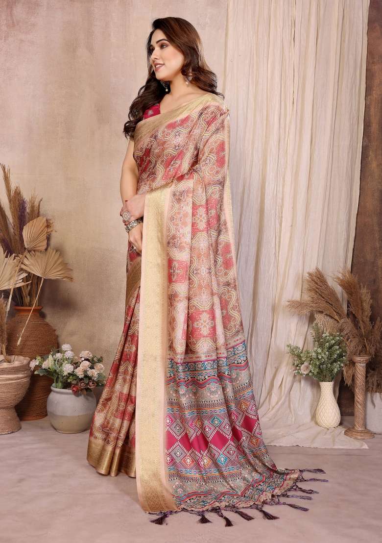 Chiku Pink Bandhani Silk Saree Set - Indya