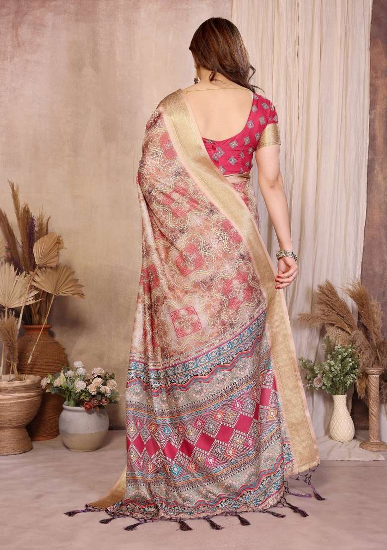 Chiku Pink Bandhani Silk Saree Set - Indya