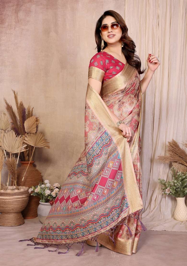 Chiku Pink Bandhani Silk Saree Set - Indya
