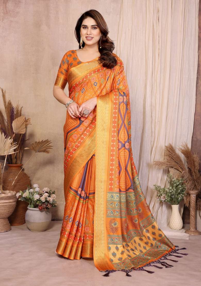 Mustard Bandhani Silk Saree Set - Indya