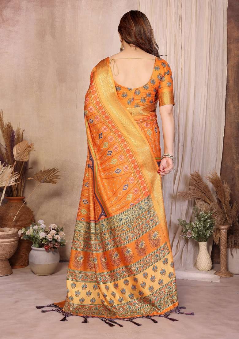 Mustard Bandhani Silk Saree Set - Indya