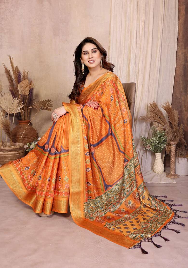 Mustard Bandhani Silk Saree Set - Indya