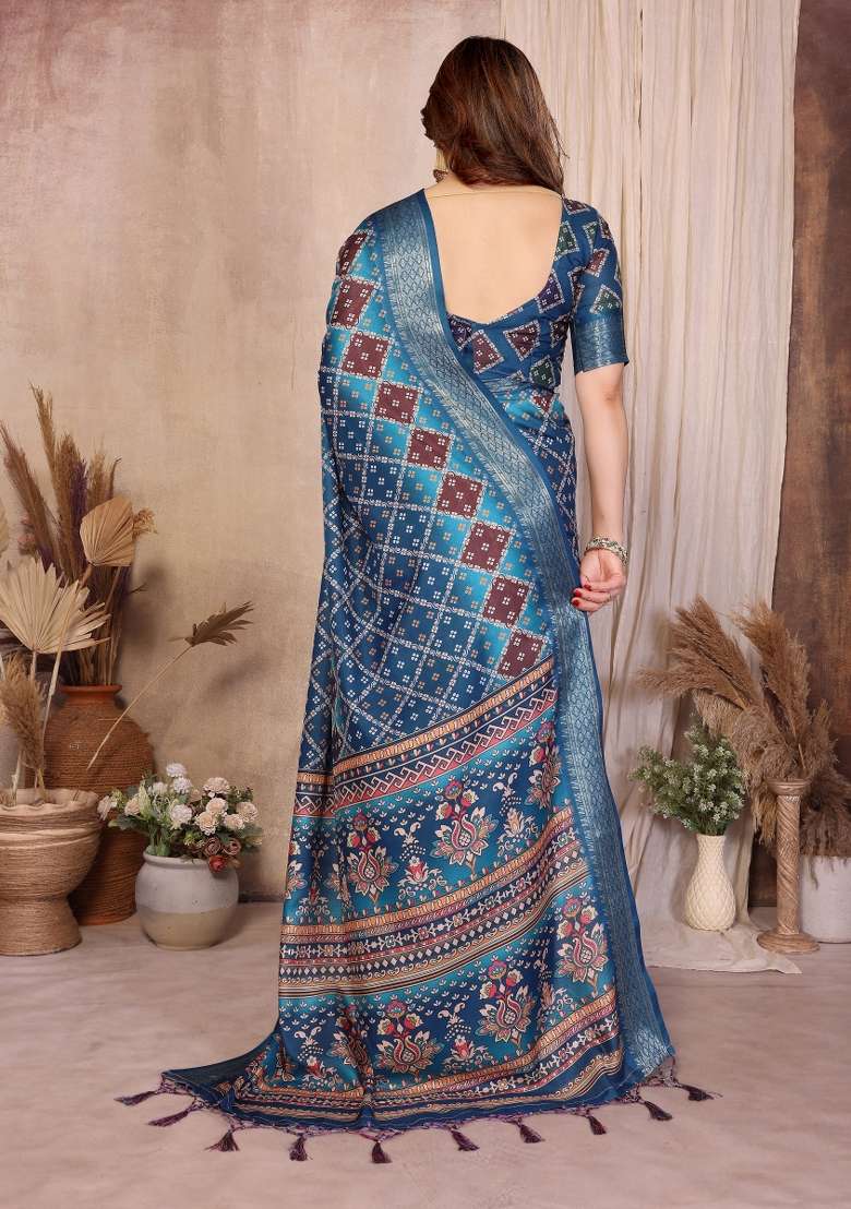 Teal Blue Bandhani Silk Saree Set - Indya