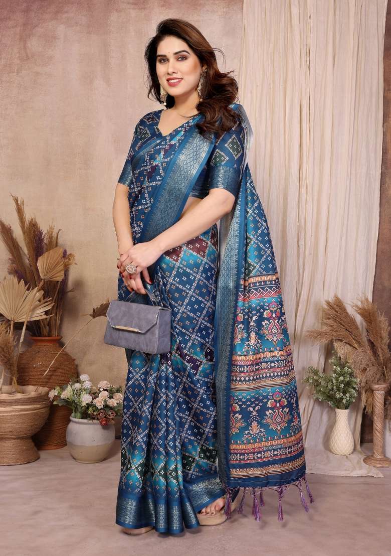 Teal Blue Bandhani Silk Saree Set - Indya
