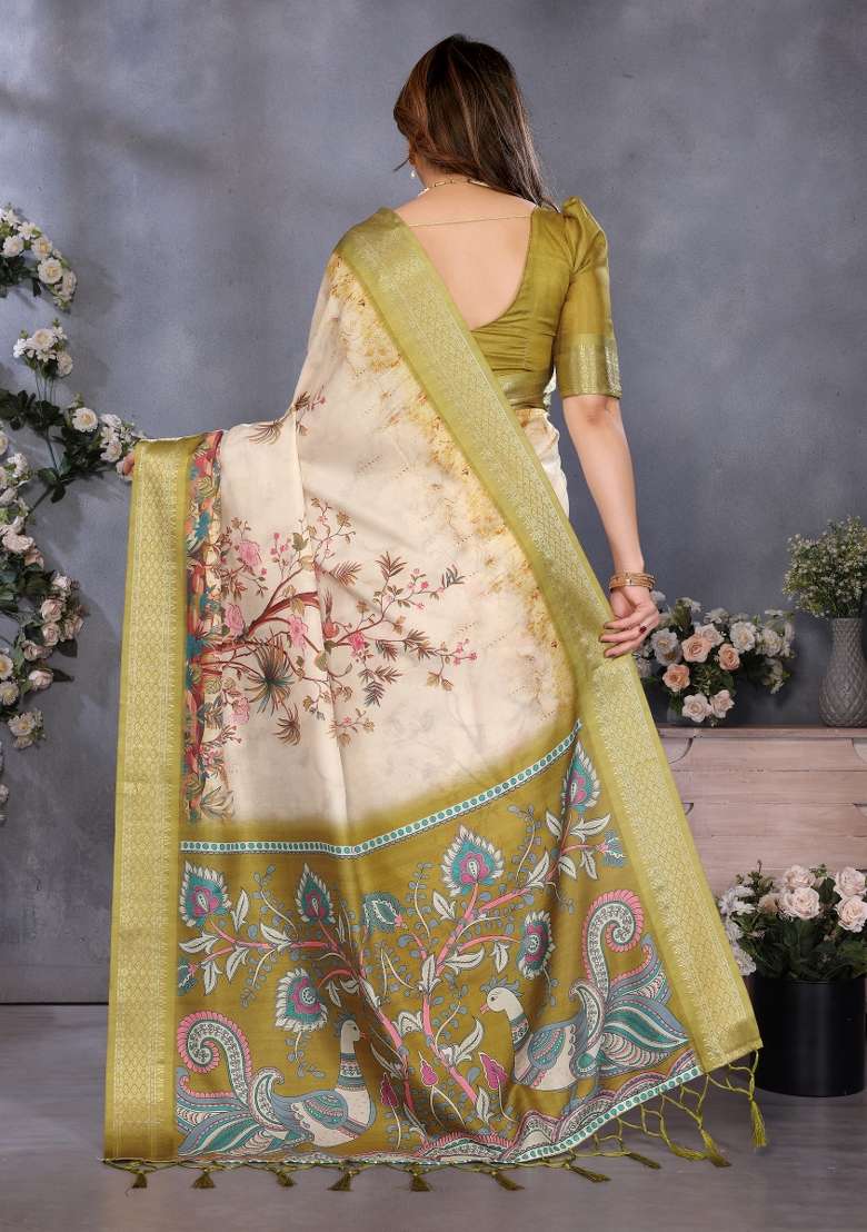 Olive Green Printed Silk Saree Set - Indya