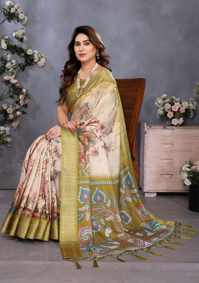 Olive Green Printed Silk Saree Set - Indya