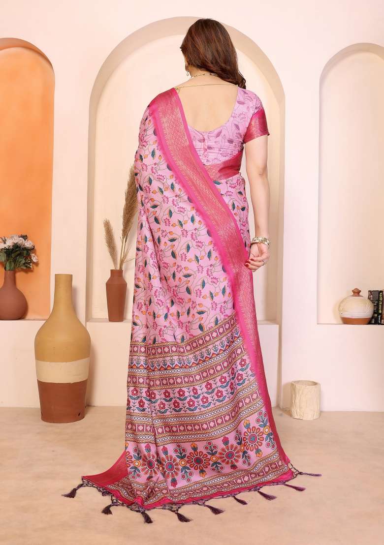 Baby Pink Printed Silk Saree Set - Indya