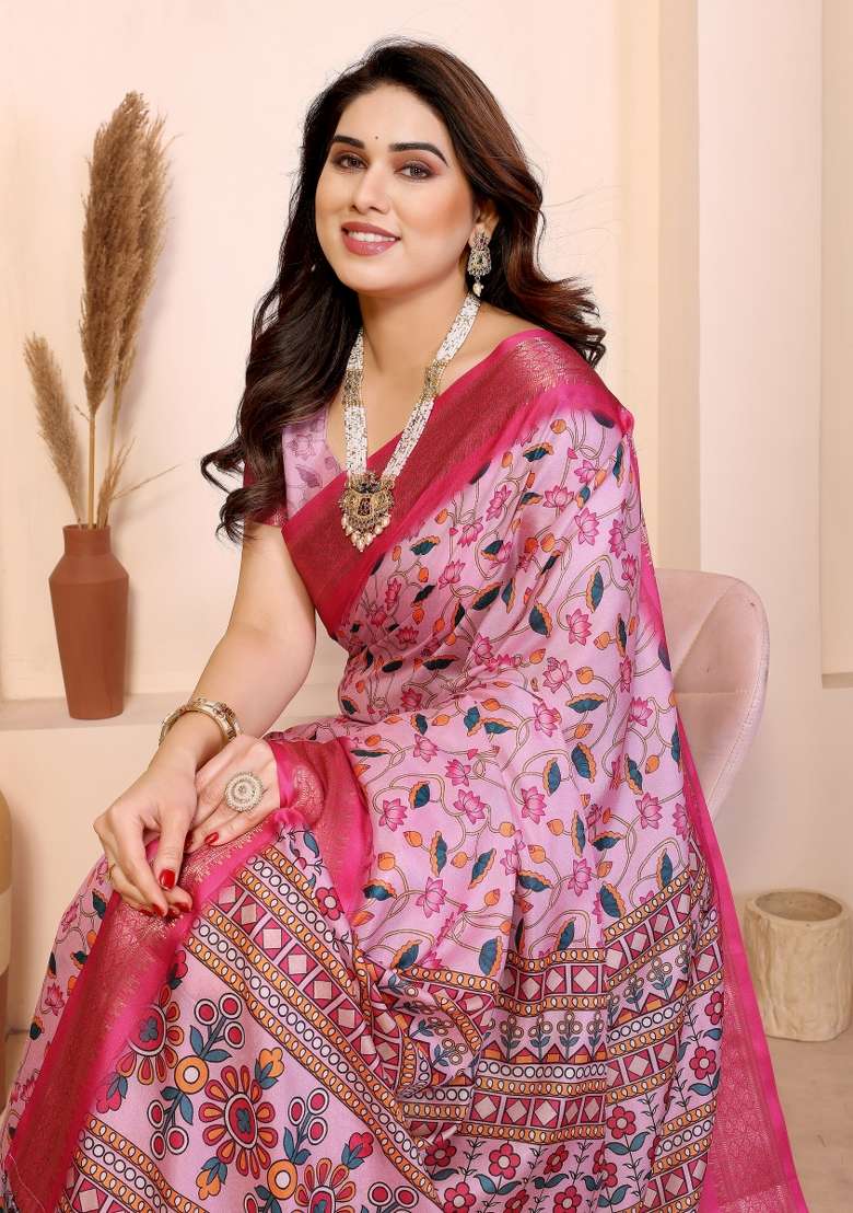 Baby Pink Printed Silk Saree Set - Indya